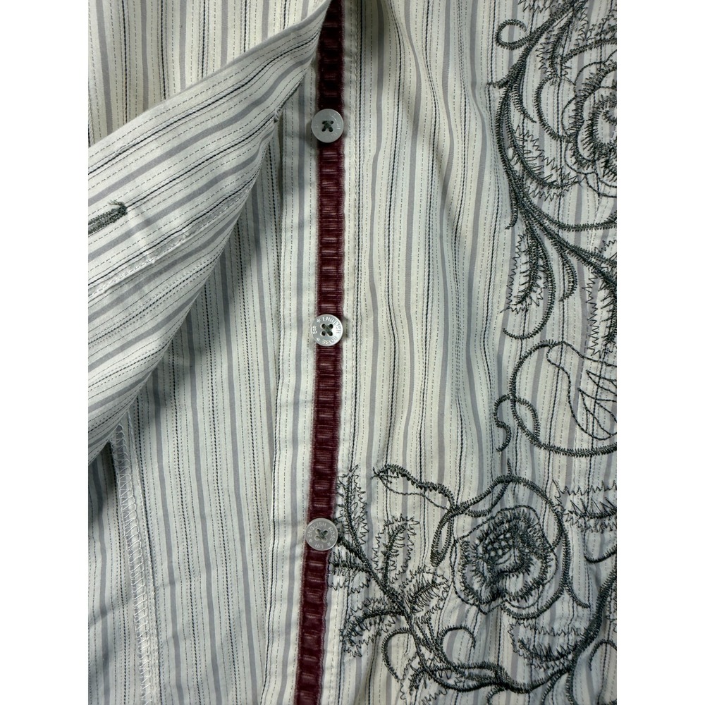English Rose by EL Blouse Gray Stripe Long Sleeve Embroidered Cotton Sz L SKU242 - Picture 10 of 12